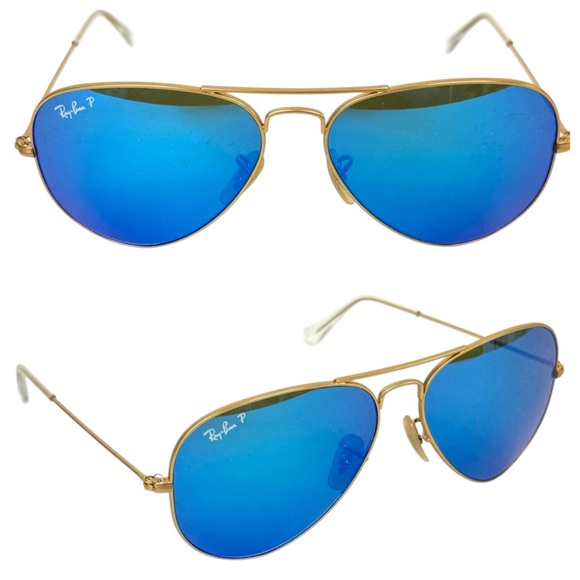 RAY BAN Polarized Sunglasses NEW RB3025 Aviator Large Metal Flash Lens Blue Gold - Picture 1 of 13